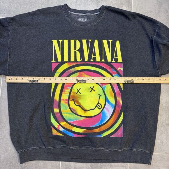 Nirvana Men’s Oversized Smiley Face Sweatshirt Charcoal Color Long Sleeve L/ XL - Picture 4 of 8